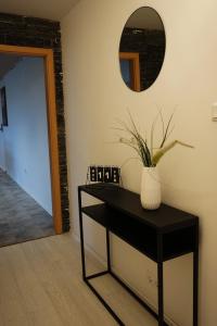 a black table with a vase on it with a mirror at Leuchtturmnest in Krummhörn