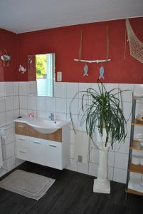 a bathroom with a sink and a potted plant at Ferienwohnung Thiedmann in Hagebök