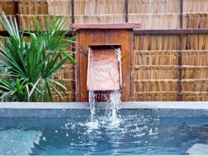 a water fountain in the middle of a pool at Cheewatra Farmstay Coconut House in Ban Tha Maphrao