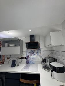 a kitchen with a white counter top with a microwave at Secret Garden Suite in Gloucestershire +18 photos
