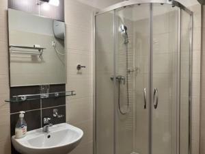 a bathroom with a glass shower and a sink at APT 16 Telgart in Telgárt +18 photos