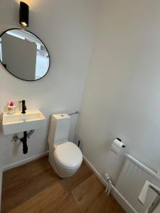 a bathroom with a toilet and a sink and a mirror at City Centre Terrace Apartment in Triberg