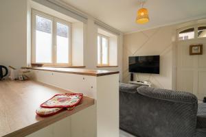 a living room with a counter and a television at Le Cocon Alsacien - Rez de chaussée - Parking privé in Ebersheim