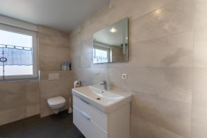 a bathroom with a sink and a mirror and a toilet at Müller´s Talblick in Deggingen