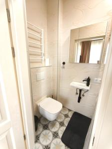 a bathroom with a toilet and a sink and a mirror at Studio Apartment Self Check-in in Mažeikiai