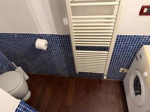 a bathroom with a toilet and a blue tiled wall at Assisi 2 by E-Roi Rent - Museo Egizio in Turin