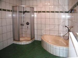 a bathroom with a shower and a tub in it at Tremlhof in Unterach am Attersee