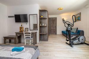 a bedroom with a bed and a desk and a treadmill at Rustikalna kuća za odmor VILLA MARE in Kornić