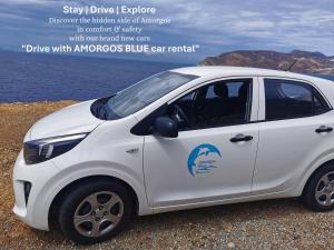 a white car with a blue car rental sign on the side at Amorgos Pearls in Katapola +97 photos