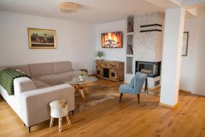 a living room with a couch and a fireplace at Penzión Slnečná in Lendak