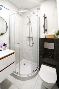 a bathroom with a shower and a toilet and a sink at Super Central Modern Studio #Palace View #55''Smart TV #Fast Wi-Fi #Metro in Warsaw +36 photos