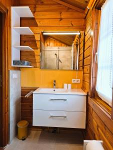 a bathroom with a sink and a mirror at Ferienhaus Donau 56 in Hayingen +11 photos