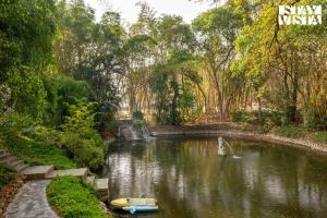 a swan swimming in a river in a park at StayVista at Ananta - Breakfast Included & Basketball Court in Bangalore