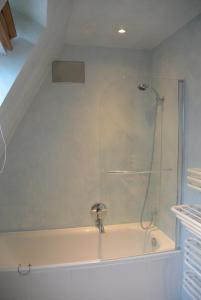 a bathroom with a bath tub with a shower at Doppelzimmer am Park in Bremerhaven