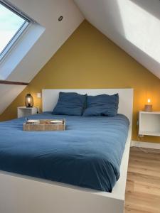a bedroom with a large bed with blue pillows at L'Universel, 3 ch calme et cosy près de la plage in Wimereux