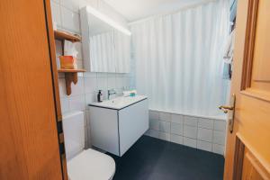 a bathroom with a white toilet and a sink at Surfers Sunset Spa with Jacuzzi & Panoramic Terrace in Grindelwald