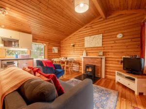 a living room with a couch and a fireplace in a log cabin at 2 Bed in Bideford oc-00370 in Clovelly