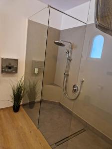 a shower with a glass door in a bathroom at Huus 17 in Rust +36 photos