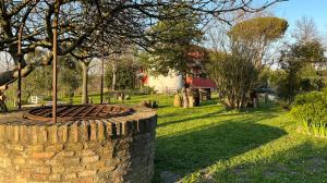 a brick wall in a yard with trees and a house at Agriturismo Case Mori in Rimini