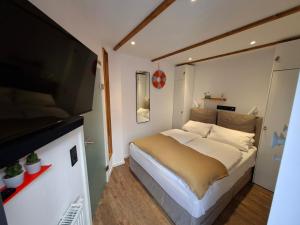 a bedroom with a bed and a flat screen tv at Lachmöwe by DeJu -4 Sterne DTV-Klassifizierung- in Norderney