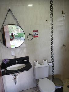 a bathroom with a toilet and a sink and a mirror at Paz e tranquilidade in Indaiatuba +10 photos