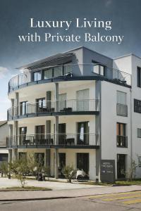 a white building with the words luxury living with private balcony at The Gate Boutique Hotel Zürich in Glattbrugg