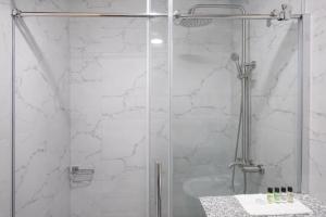a bathroom with a shower with a glass door at Chateau Chao in Khulo