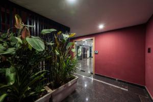 a hallway with a red wall and plants at C Suites Gilbert in Bangalore