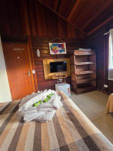a bedroom with a bed and a tv and a room at Namorada Brava Guest House Praia Brava, Piscina & Naturaleza in Búzios