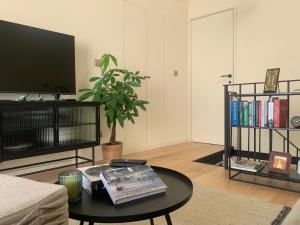 a living room with a coffee table and a tv at Sol 41 in Bragança