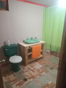 a bathroom with a green toilet and a sink at Refugio del Pirata Algarrobo in San Antonio +10 photos
