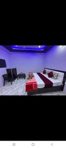 a bedroom with a large bed and a purple ceiling at Hotel Jaanvi in Orchha