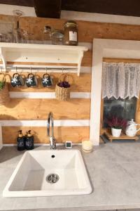 a kitchen counter with a sink and a fireplace at Kouzelná chalupa u lesa in Krompach +17 photos