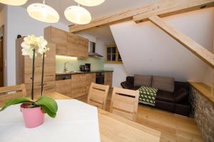 a kitchen and living room with a table and a couch at Ferienwohnungen Flattnerhof in Mauterndorf