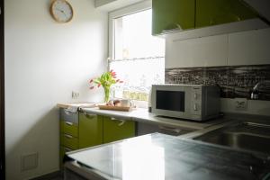 a kitchen with a microwave and a window at Apartament nad Bukówką in Lubawka
