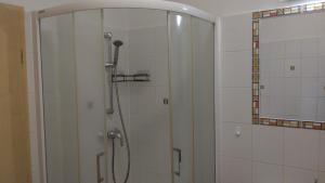 a shower with a glass door in a bathroom at Central Pécs Free Parking in Pécs +3 photos