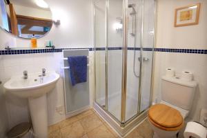 a bathroom with a shower and a toilet and a sink at Barn Cottages at Lacock in Lacock
