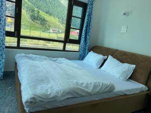 a bed in a room with a large window at Gurez knights in Kanzalwan