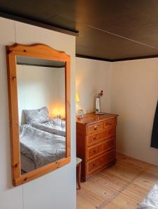 a mirror in a bedroom with a bed and a dresser at Hilltop wood house #1 all-inclusive in Kaupanger
