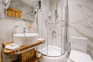 a bathroom with a sink and a shower and a toilet at Hotel Porto Tara in Žabljak