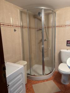 a bathroom with a shower and a toilet at Seafront Escape Apartment in Oroklini