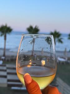 a person holding up a glass of wine at Seafront Escape Apartment in Oroklini