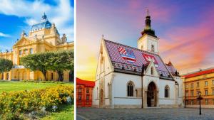 a building with a clock tower and a church at Deluxe Apartments Zagreb in Zagreb
