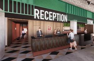 a rendering of a reception area in a building at MEININGER Hotel Edinburgh Haymarket in Edinburgh