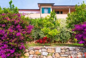 a house with purple flowers in front of a stone wall at Appartamenti Le Solane - Goelba in Marmi