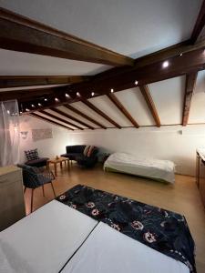 ein Wohnzimmer mit einem Bett und einer Couch in der Unterkunft Casa Foresta in Maggia