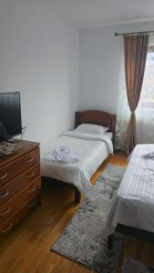 a bedroom with two beds and a tv and a dresser at Pensiunea Rozalina in Rozavlea