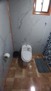 a small bathroom with a toilet and a window at Cabañas 2 Aliwen Lonquimay in Lonquimay