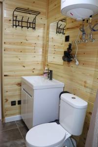 a bathroom with a white toilet and a sink at Barn Peaks Karakol in Karakol