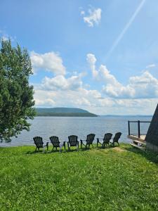 Eine Reihe Stühle stand auf dem Rasen in der Nähe des Wassers. in der Unterkunft Chalet le Léandre in Cabano